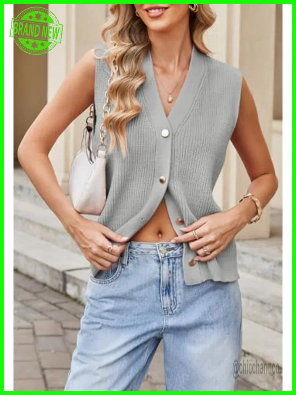Sleeveless Knit Sweater Vest Gold Buttons V-Neck
